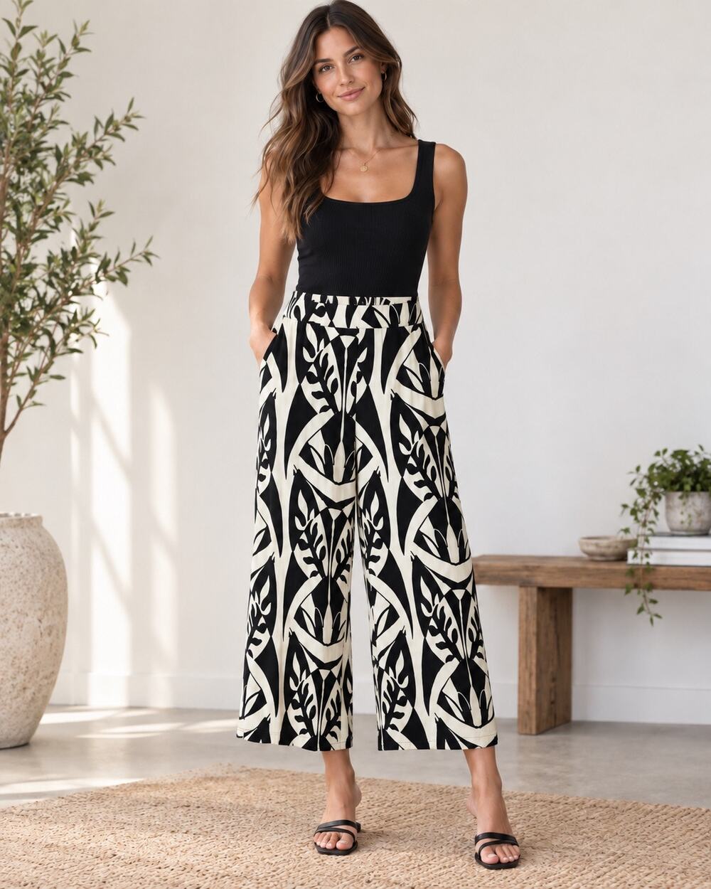 Rachel Zoe Black Cream Linen Wide Leg Pants Size Small
